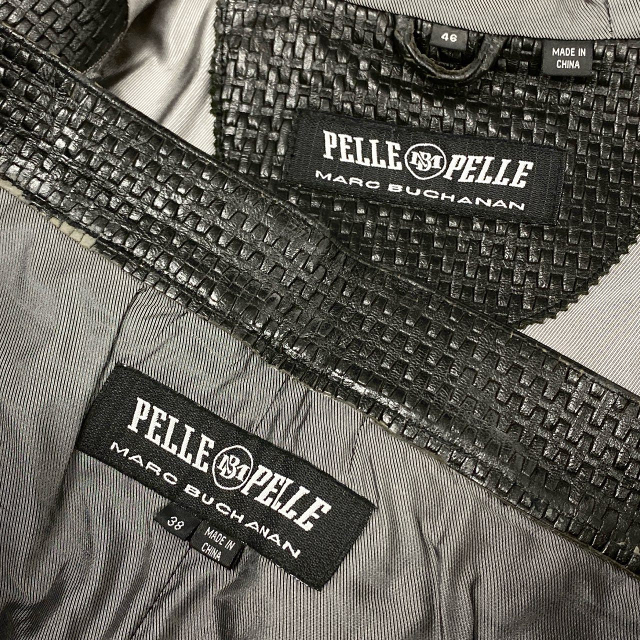 19k28 PELLE PELLE ペレペレ MARC BUCHANAN レザーセットアップ 上下セット フルジップ レザーベスト ハーフパンツ 編み込み風 38 ブラック