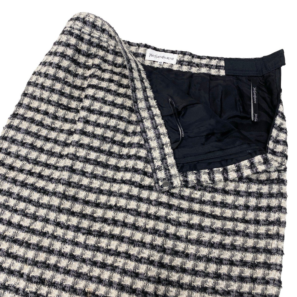 29g14 YVES SAINT LAURENT イヴサンローラン セットアップスカート ツイードジャケット YSLロゴボタン サイズ40 ブラック アイボリー レディース 女性用o07t