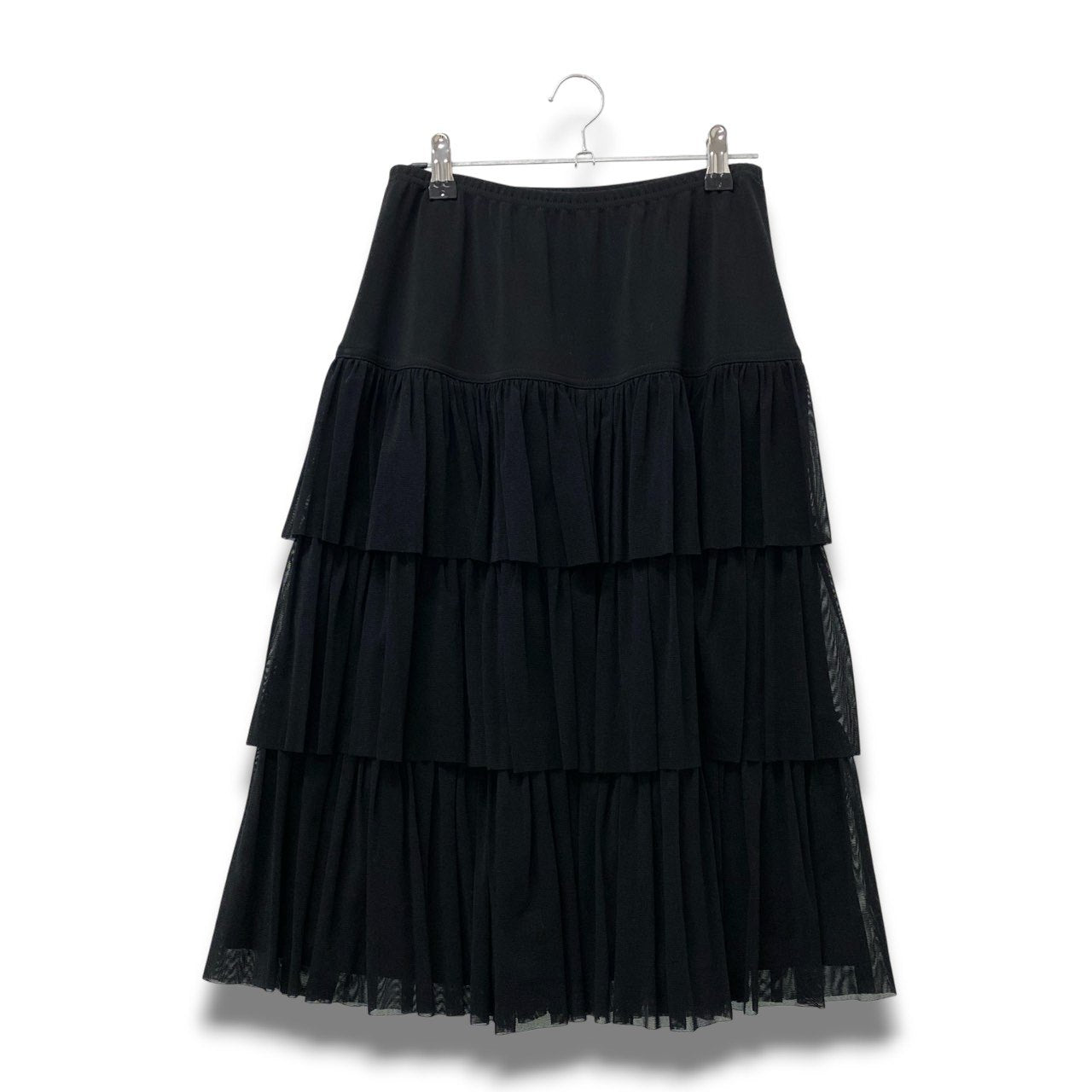 66c2 【美品】 TOKUKO 1er VOL トクコプルミエヴォル フリルスカート ティアードスカート ウエストゴム〇 ミモレ丈 レディース 女性服 日本製 サイズ9 ブラックu02t