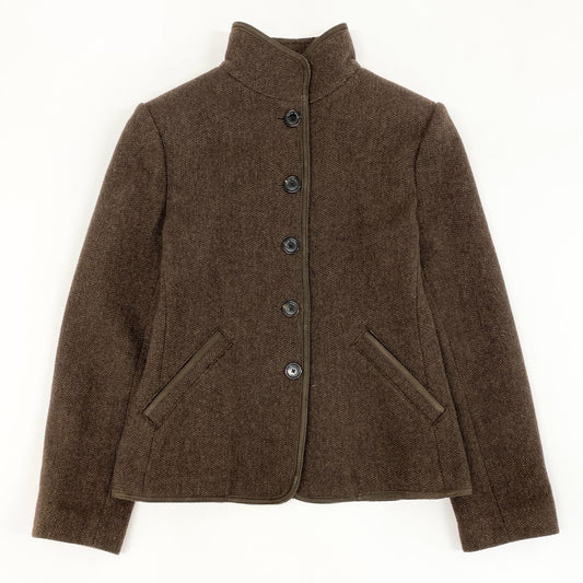 53e7 Brooks Brothers ブルックスブラザーズ レザーパイピング スタンドカラー ソフトツイードジャケット サイズ0 ブラウン 画像参照