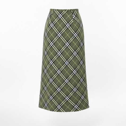 78d9 BURBERRY LONDON バーバリー ロンドン リネンブレンド チェックスカート Check Skirt サイズ40 カーキ 女性服 三陽商会t18r