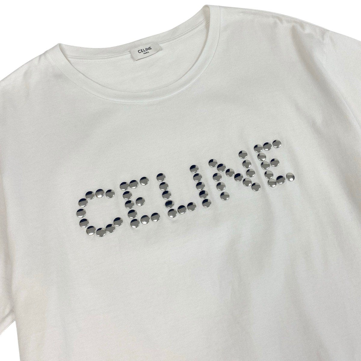 g19 CELINE セリーヌ スタッズロゴ ルーズフィット 半袖Tシャツ 2X50C671Q サイズL ホワイト コットン100％ メンズu02t