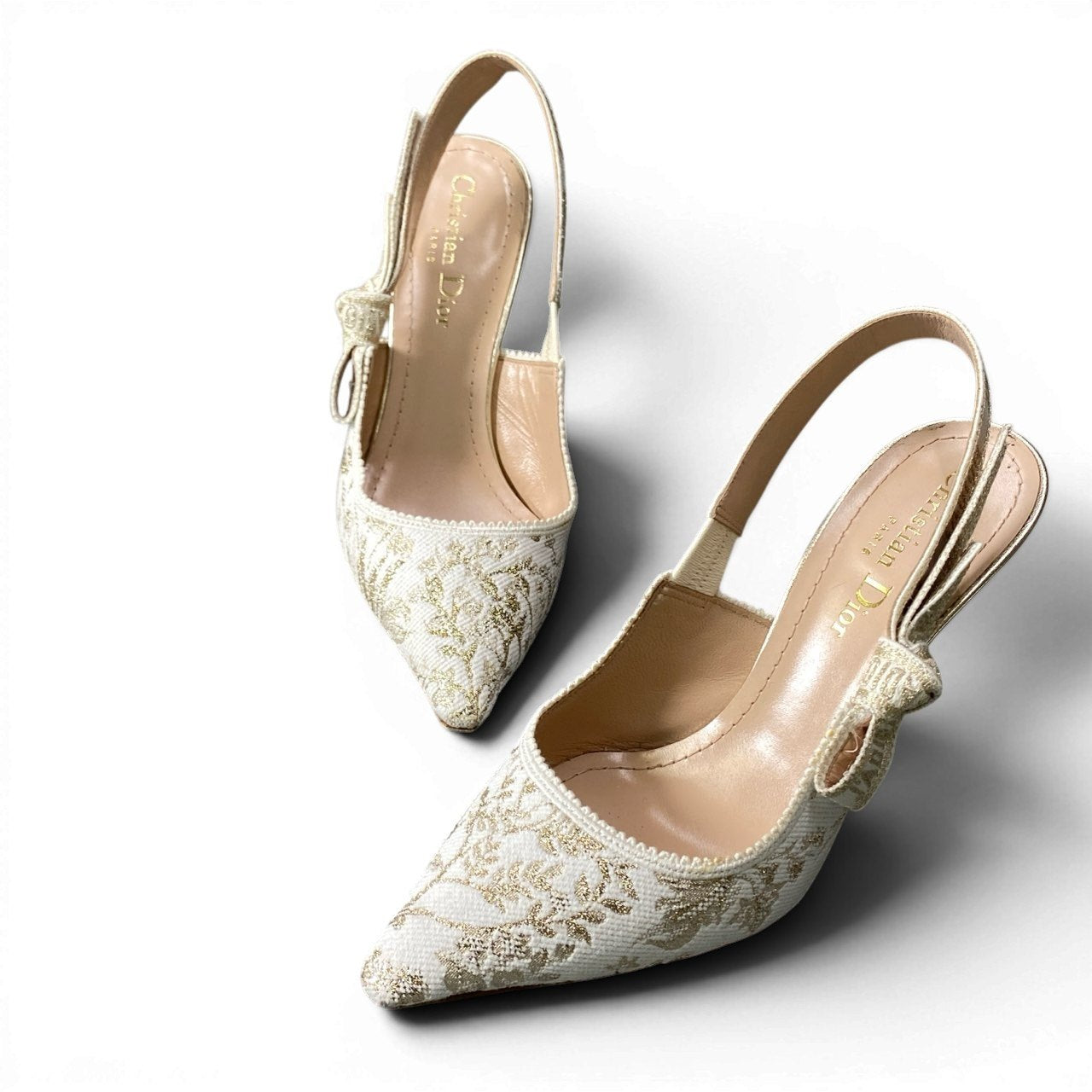 2d27 Christian Dior クリスチャンディオール J`Adior ジャディオール スリングバックパンプス ヒールパンプス サイズ36 ホワイト ゴールド レディース 女性靴k02i