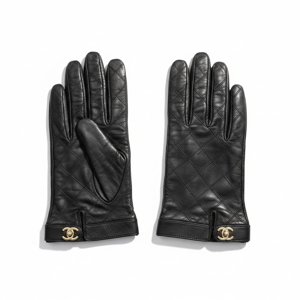 g1 CHANEL シャネル キルティングレザーグローブ 手袋 ターンロック式ココマーク レディース 女性用 8 ブラック ラムスキン100％u02t