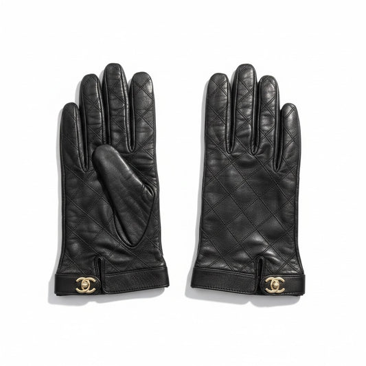 g1 CHANEL シャネル キルティングレザーグローブ 手袋 ターンロック式ココマーク レディース 女性用 8 ブラック ラムスキン100％u02t