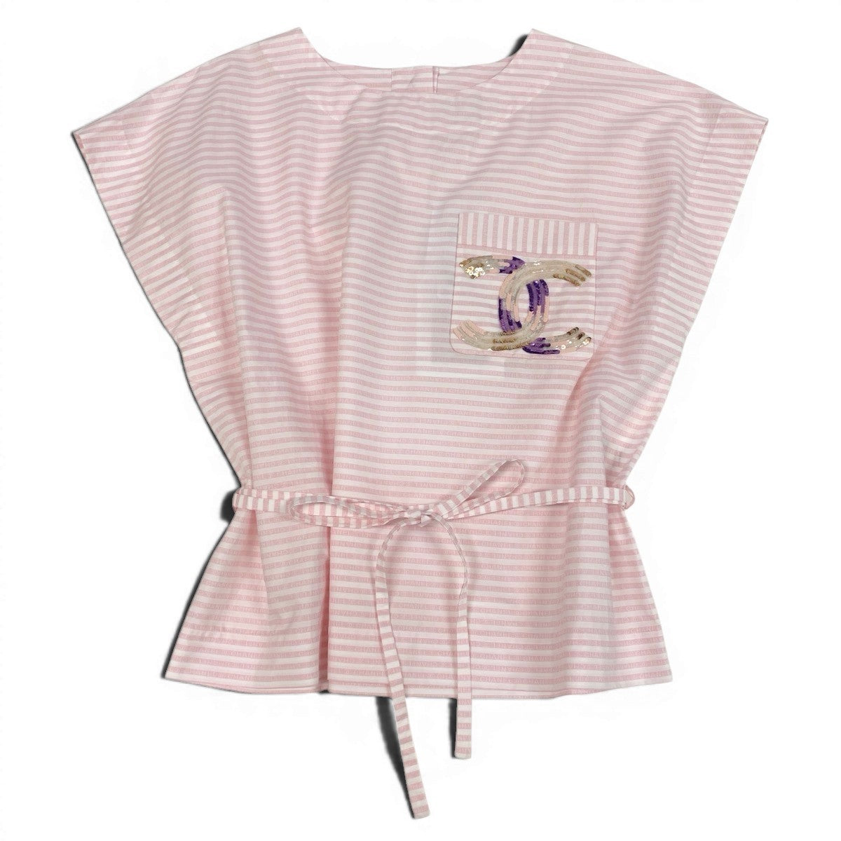 Ce29 《未使用品》 定価60万 CHANEL シャネル 24C ココマーク スパンコール ボーダーシャツ 24C Coco Rose Blanc Blouse Top P76405 42 ピンク タグ付t18r