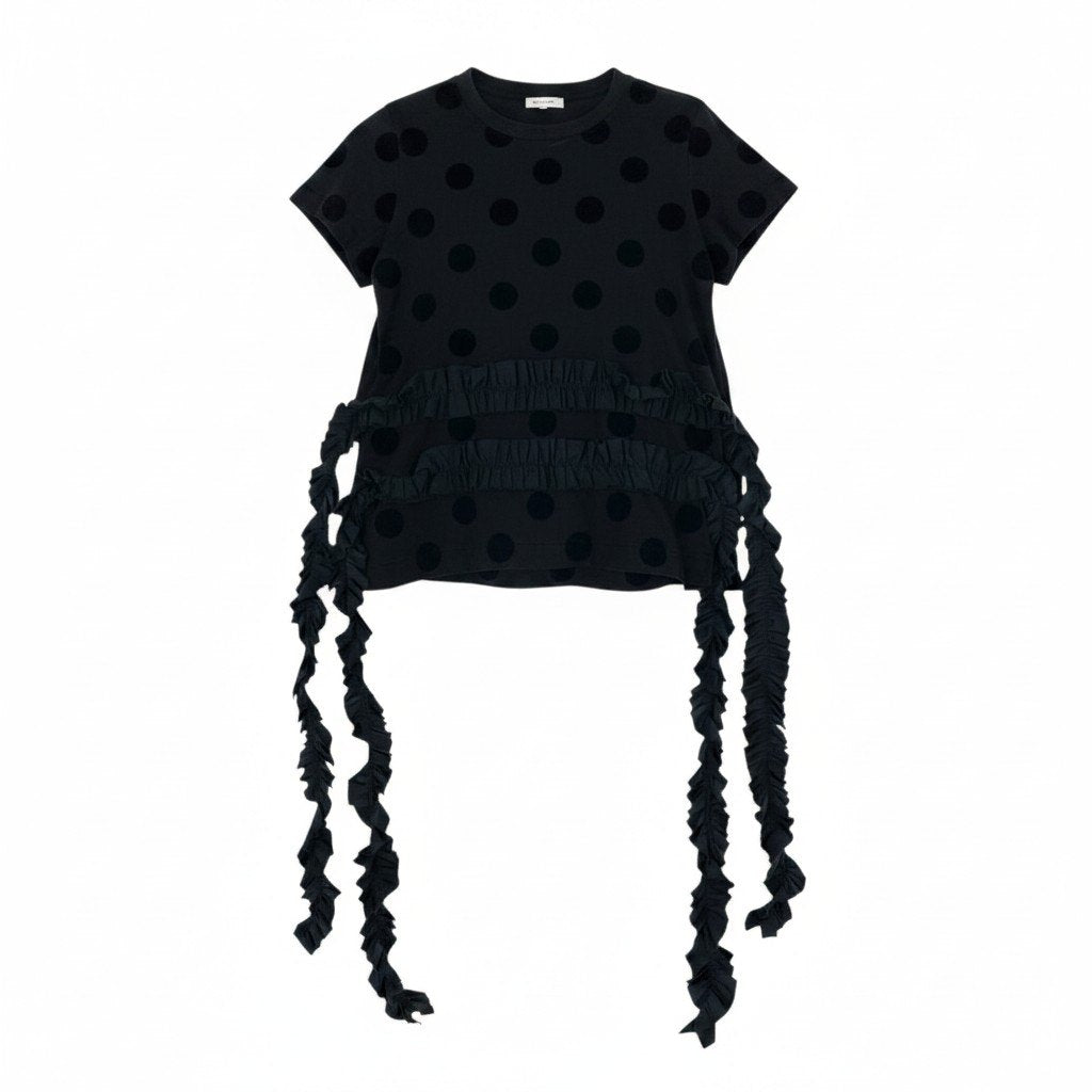 Ae11 tao COMME des GARCONS AD2022 クルーネックTシャツ ドット柄 フリル装飾 TJ-T003 Mサイズ ブラック コットン100％ レディース 女性用ta1