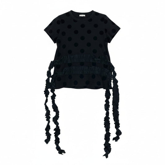 Ae11 tao COMME des GARCONS AD2022 クルーネックTシャツ ドット柄 フリル装飾 TJ-T003 Mサイズ ブラック コットン100％ レディース 女性用ta1