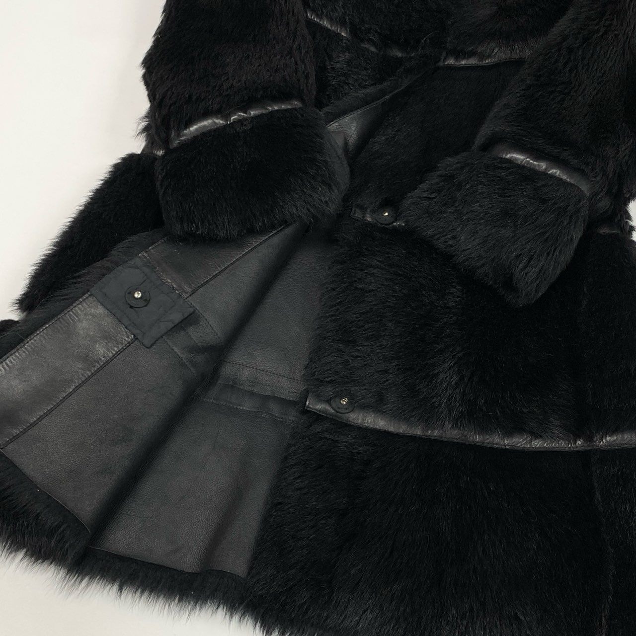 38b9 Vintage PRADA プラダ リアルファーコート ムートンコート レザー ロングコート ブラック 羊革 レディースta1