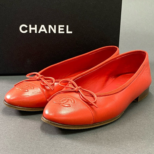 10k6 CHANEL シャネル 19C G02819X01000 ココマーク リボン付き フラットシューズ バレエシューズ サイズ35 1/2C ラムスキン レディース 女性用 靴 シューズ