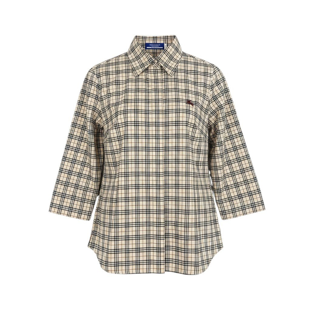 6i14 BURBERRY LONDON コットンシャツ 七分袖 ノバチェック ホースロゴ 38サイズ ベージュ レディース 女性用u02t