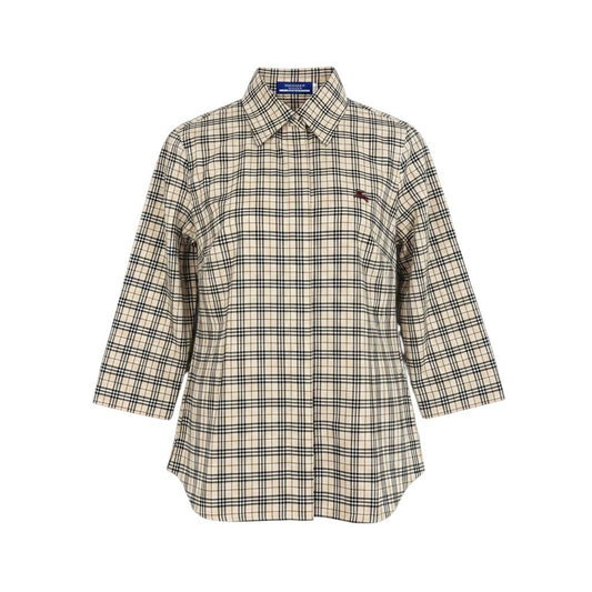 6i14 BURBERRY LONDON コットンシャツ 七分袖 ノバチェック ホースロゴ 38サイズ ベージュ レディース 女性用u02t