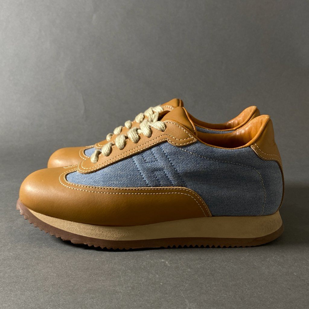 2h3 《美品》 HERMES エルメス Quick Leather Sneakers クイック レザー スニーカー 36 1/2 ブラウン ブルー Leather シューズ イタリア製