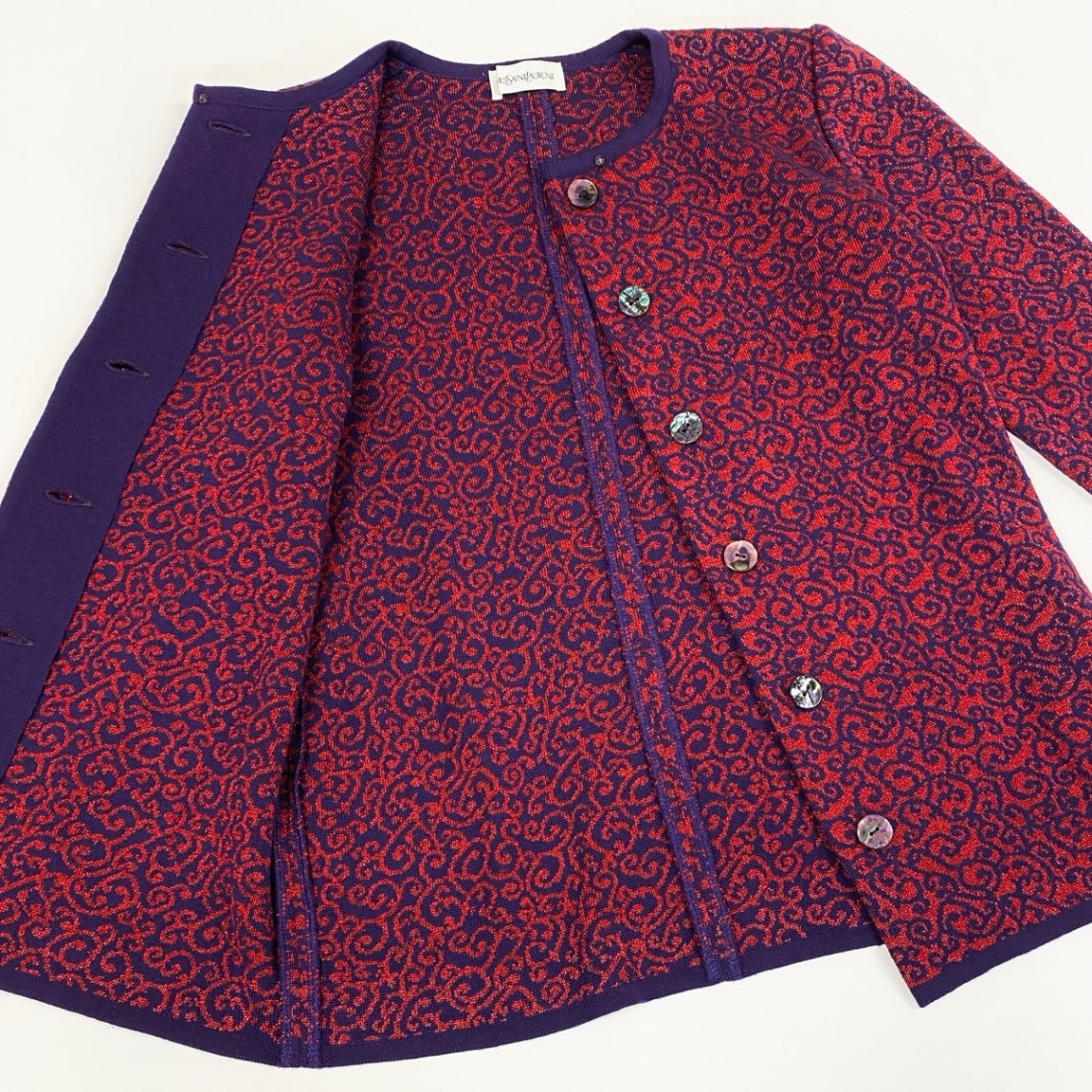 65f2 YVES SAINT LAURENT イヴサンローラン ノーカラー ニットカーディガン ラメニット 総柄 バイカラー サイズM パープル レッド ウール100％ レディース 女性服o07t