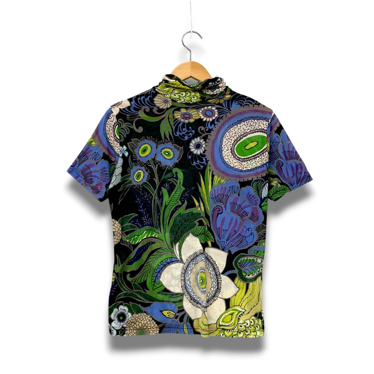 5c2 半袖 シアーカットソー ハイネックトップス 総柄プリント フラワーモチーフ レディース 女性服 サイズ9 マルチカラー コットン100％u02t