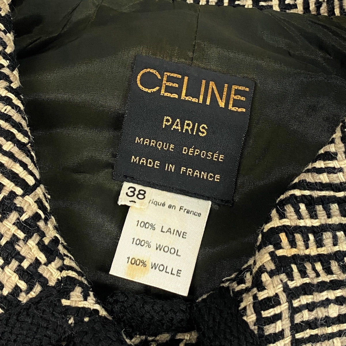Ef27 CELINE セリーヌ セットアップ スカートスーツ ツイードジャケット 総柄 サイズ38 ベージュ ブラック ウール100％ レディースo07t