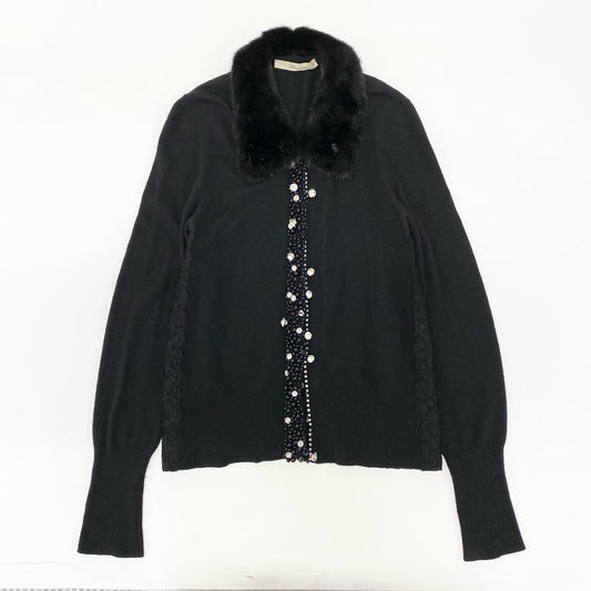 65j9 Blumarine ブルマリン ニットカーディガン 装飾 ニットセーター ラインストーン ビーズ レース 42サイズ ブラック レディースo07t