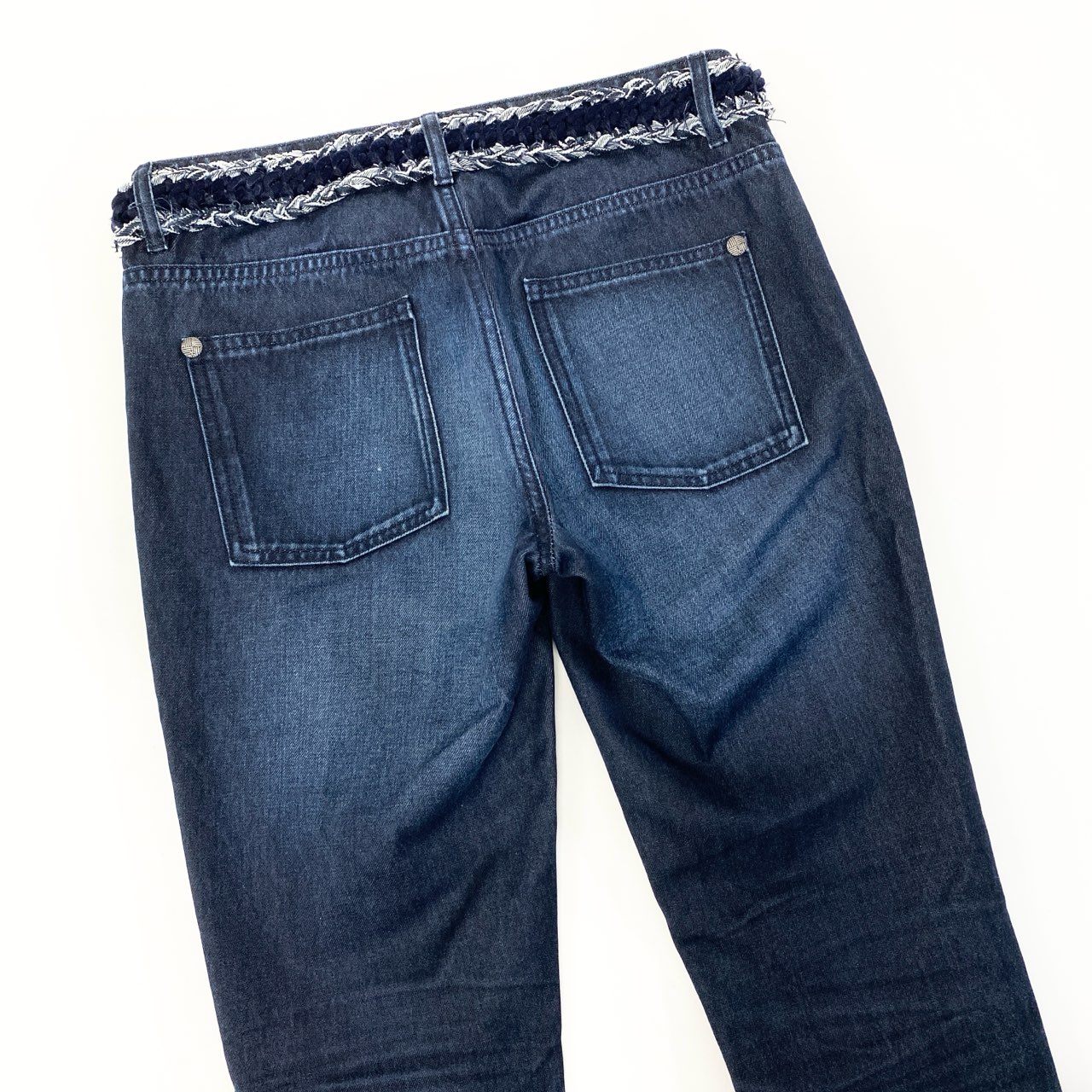 76a28 CHANEL シャネル P52309 2016 編み込みデザイン 裾ジップ付き デニムパンツ ジーンズ ボトム サイズ36 インディゴ レディース パンツta1