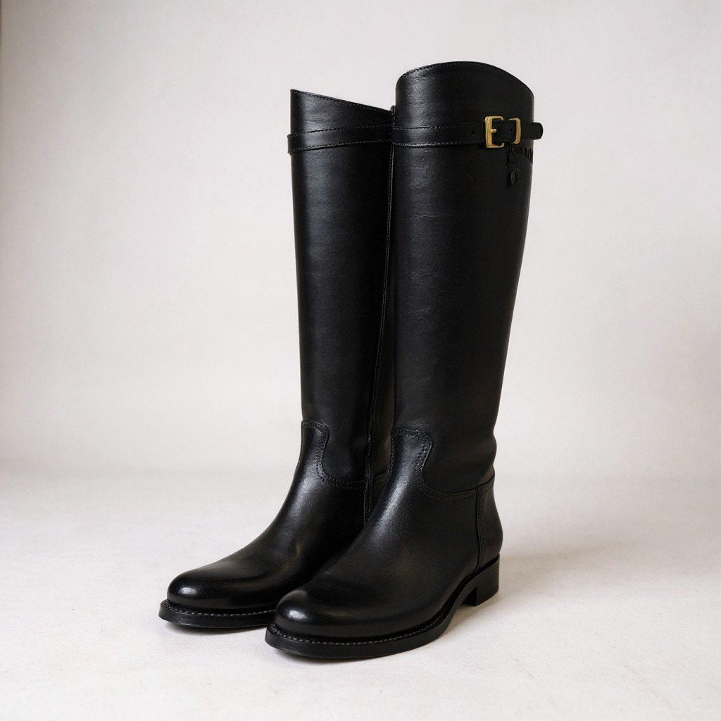 2L11 PRADA プラダ バックルストラップ付 型押しロゴ ロングブーツ サイズ38 ブラック レザー レディース 靴 ミドルブーツk02i