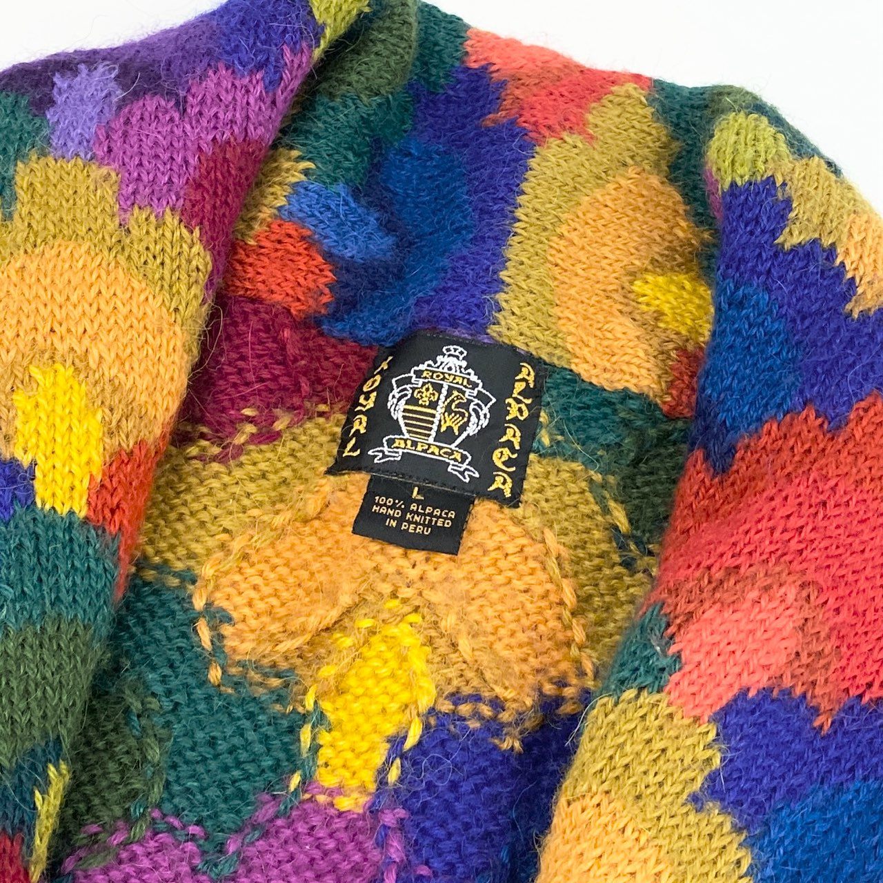39d28 ROYAL ALPACA ロイヤルアルパカ ハンドニット ニットカーディガン ニットコート サイズL マルチカラー アルパカ100％ ペルー製 レディース