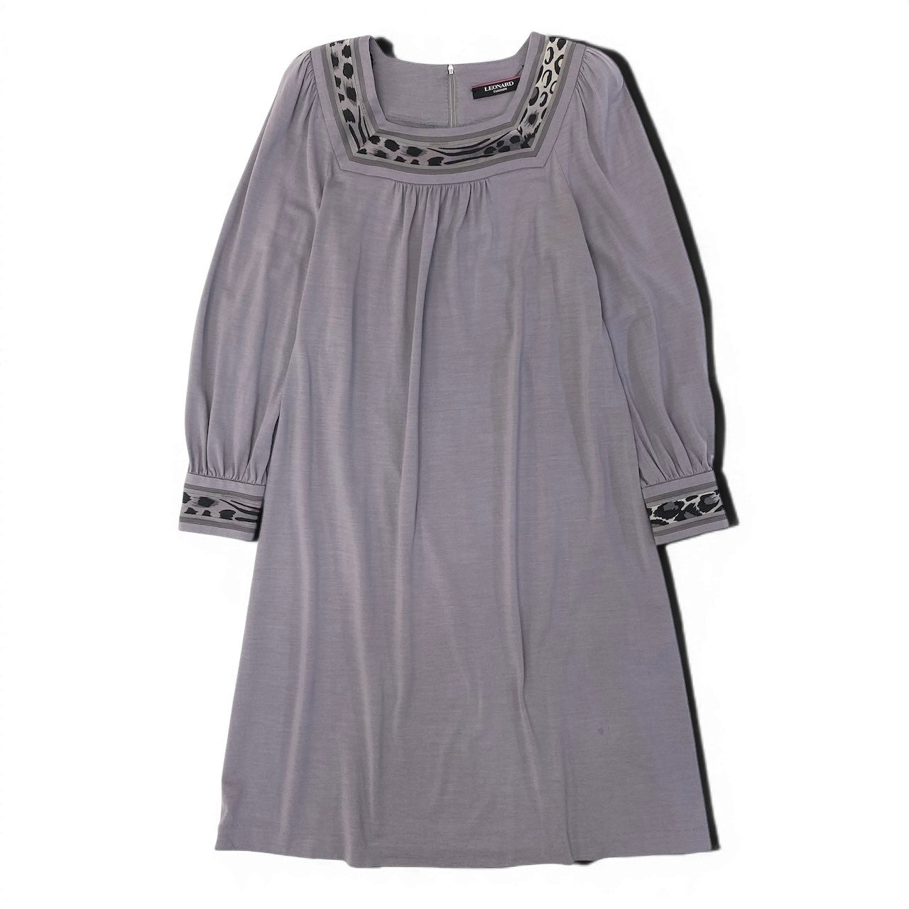 65e7 LEONARD FASHION レオナール スクエアネック 膝丈ワンピース ロングスリーブ サイズL グレー系 レディース 女性服o07t