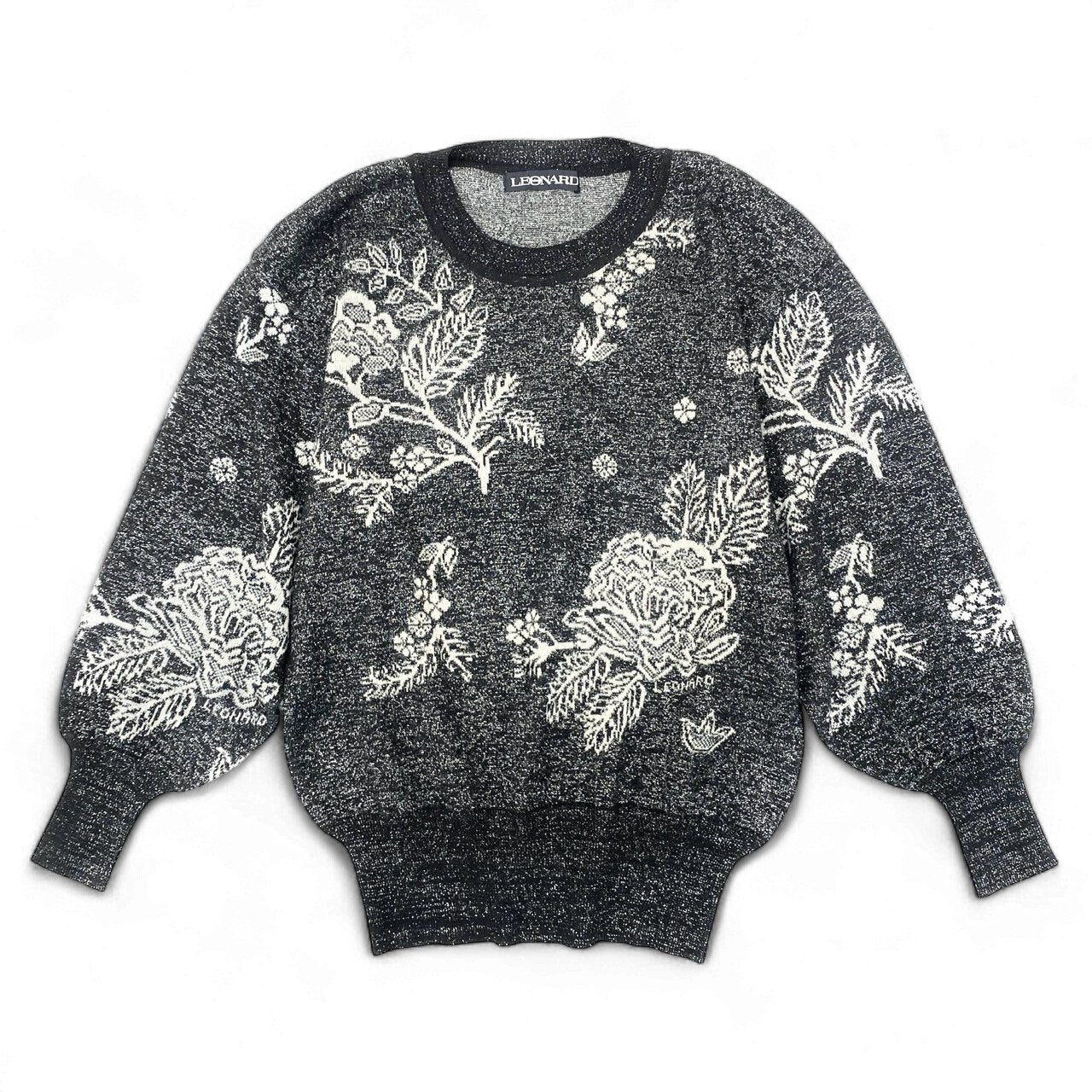 11k21 LEONARD FASHION レオナール ロングスリーブ ニットセーター ラメニット 花柄 クルーネック ウールブレンド  レディース 女性用 Ｍ ブラックu02t