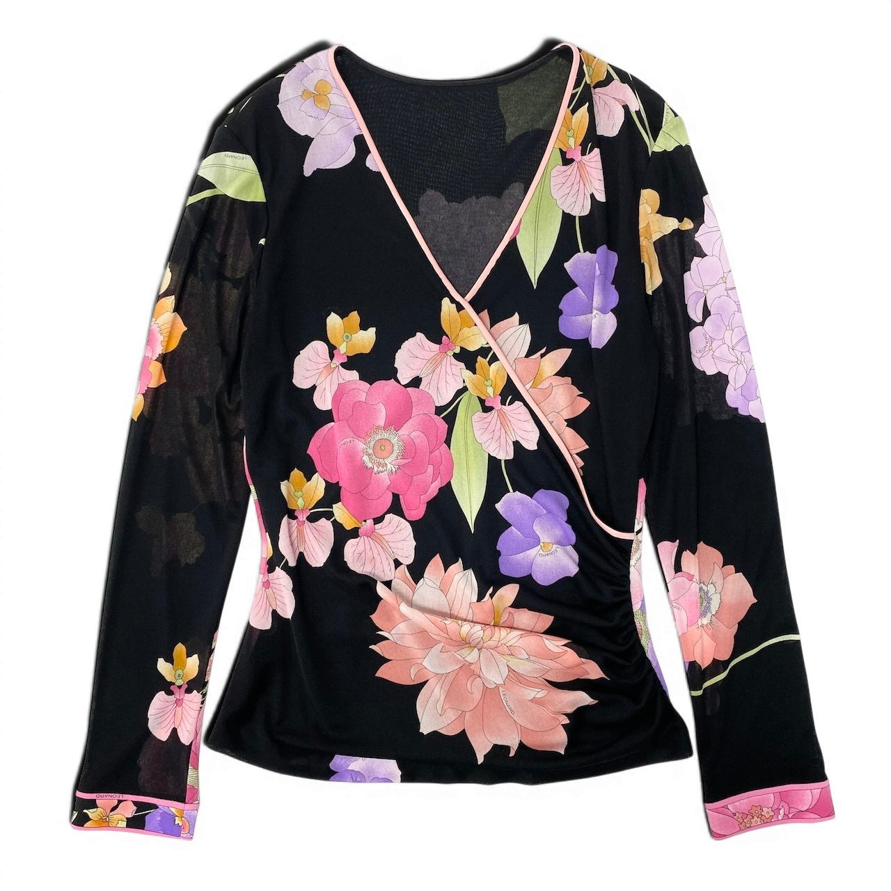 26e8 【美品】 LEONARD FASHION レオナール フロントクロス ロングスリーブ カットソー 美しい花柄プリント カンカン素材 シアースリーブ サイズM ブラック レディース 女性用u02t