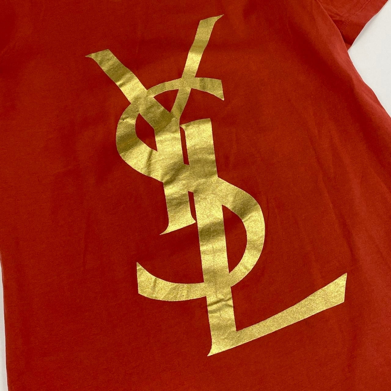 c24 《美品》 YVES SAINT LAURENT rive gauche イヴサンローランリブゴーシュ 半袖カットソー トップス ゴールドロゴ S オレンジ コットン レディースu02t