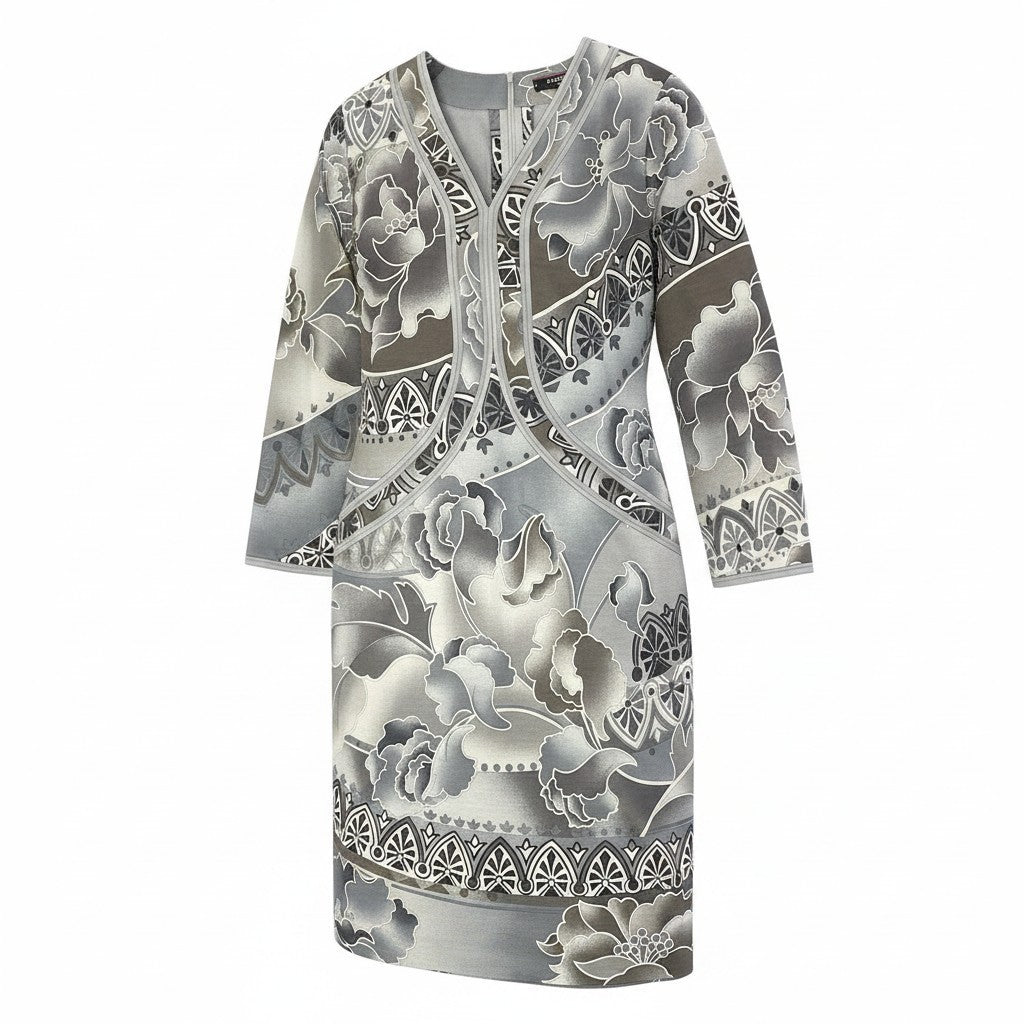 67e7 LEONARD FASHION レオナール Vネック ロングワンピース 花柄プリント 総柄 シルクウール混 サイズ42 マルチカラー レディース 女性服o07t