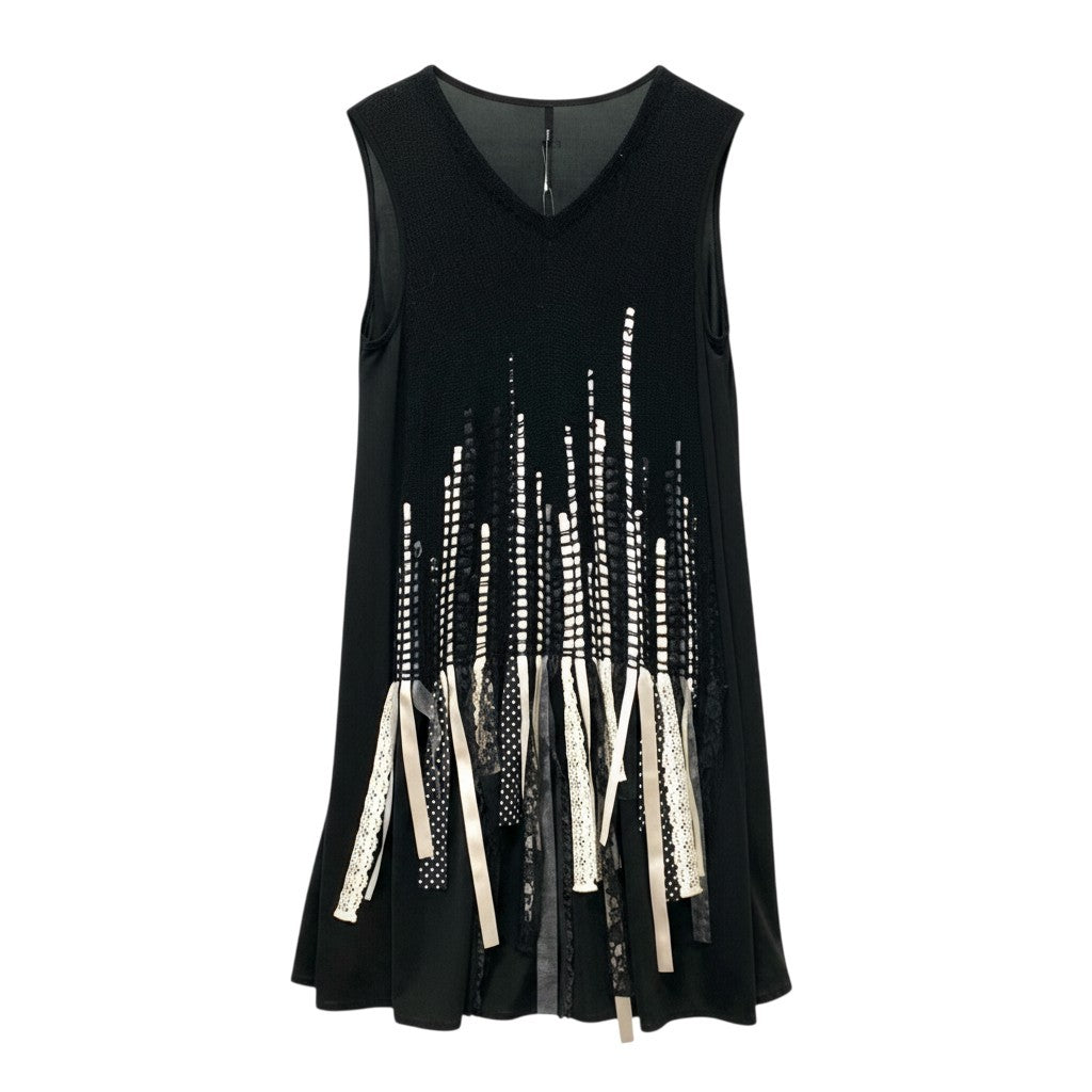 30b18 TOKUKO 1er VOL トクコプルミエヴォル ノースリーブワンピース Vネック リボン レース装飾 異素材切替 レディース 女性用 サイズ9 ブラックu02t