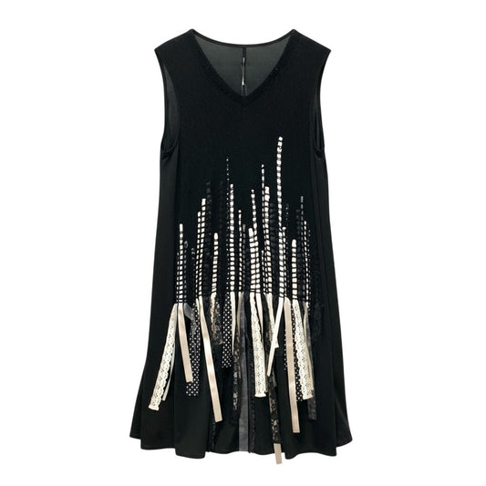 30b18 TOKUKO 1er VOL トクコプルミエヴォル ノースリーブワンピース Vネック リボン レース装飾 異素材切替 レディース 女性用 サイズ9 ブラックu02t