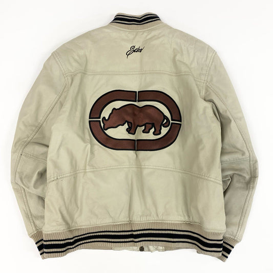 49f2 THE ECKO UNLTD エコー 90s レザージャケット ブルゾン 裏地総柄 世界地図 大きいサイズ 古着 VINTAGE ヴィンテージ XLサイズ ライトベージュ 牛革