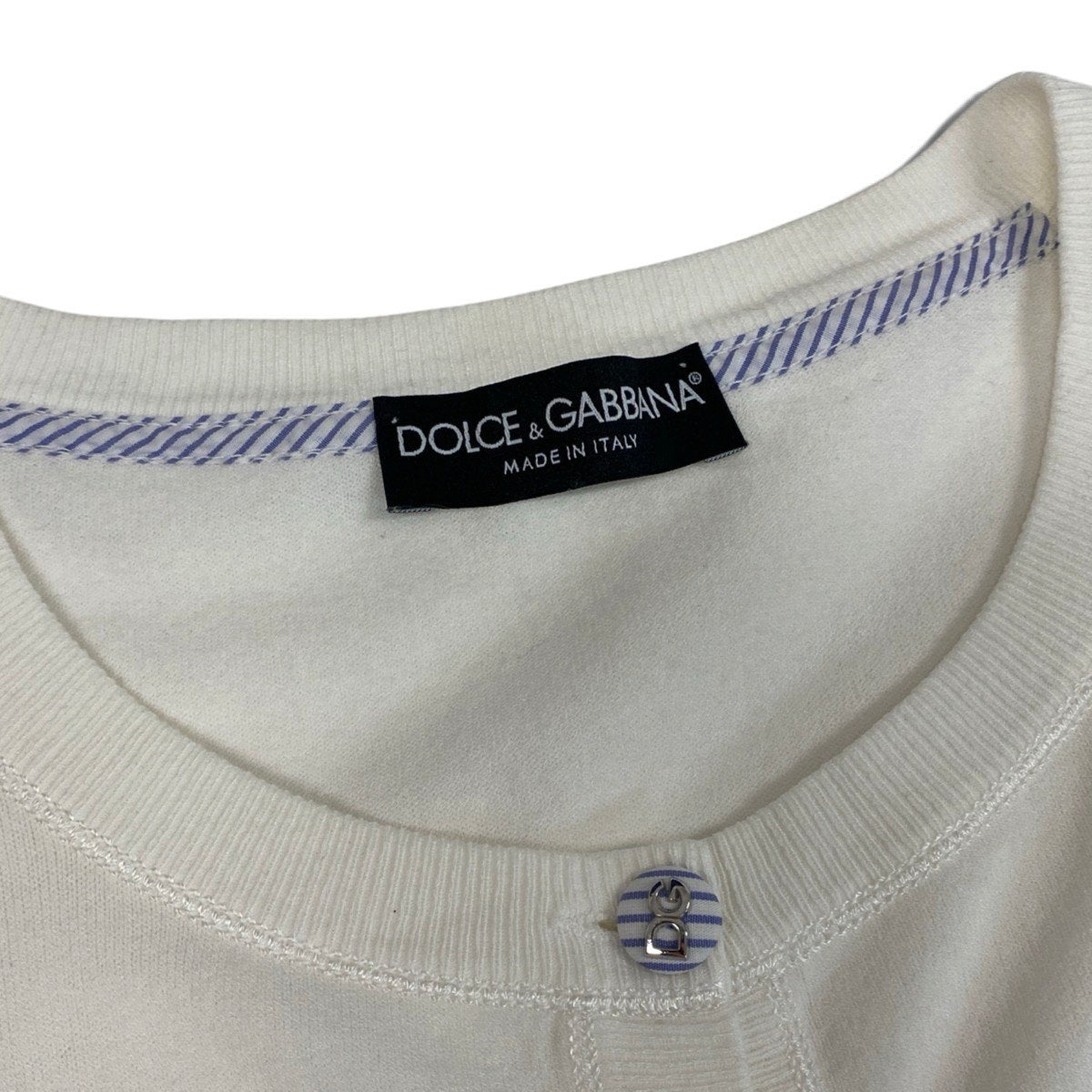 78j6 DOLCE&GABBANA ドルチェアンドガッパーナ ニットカーディガン DGロゴボタン ストライプ 42サイズ ホワイト レディース 女性用u02t