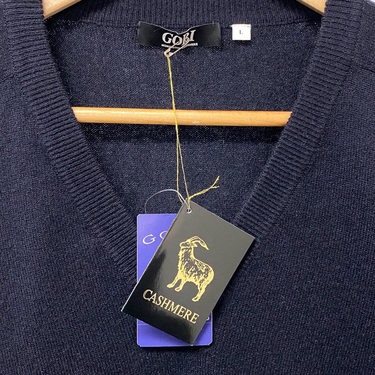 85a28 【新品保管品】GOBI ゴビ カシミヤVネックニットセーター カシミア トップス モンゴル製 Lサイズ ネイビー カシミヤ100％ メンズu02t