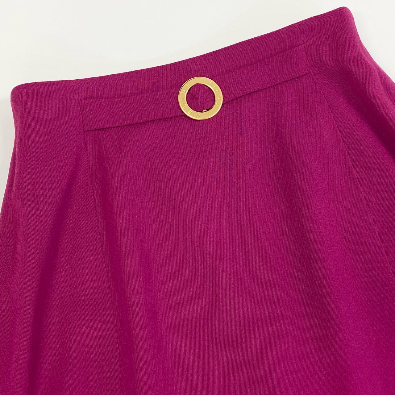 43b20 Vintage CELINE セリーヌ サークルロゴ ゴールド金具 タイトスカート 膝丈 46 ピンク ウール フランス製 大きいサイズu02t