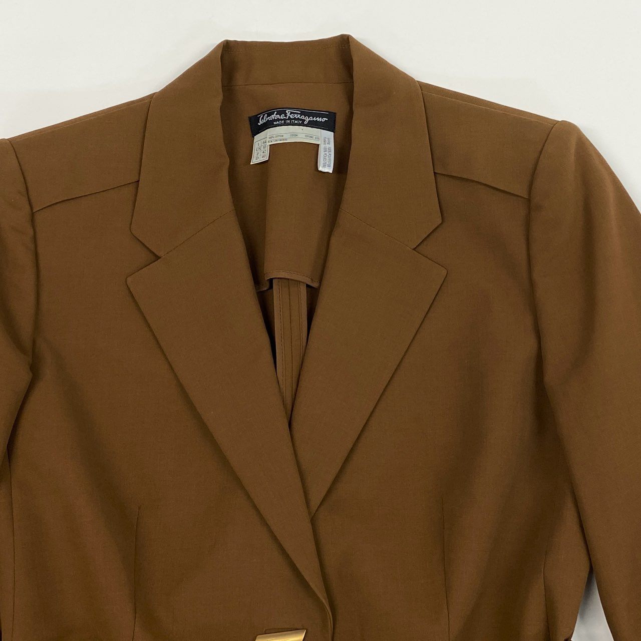 Ec6 Salvatore Ferragamo サルヴァトーレフェラガモ ハーフコート ジャケット ウエストリボン 金ロゴボタン レディース 女性服 イタリア製 44 キャメル コットン100％u02t