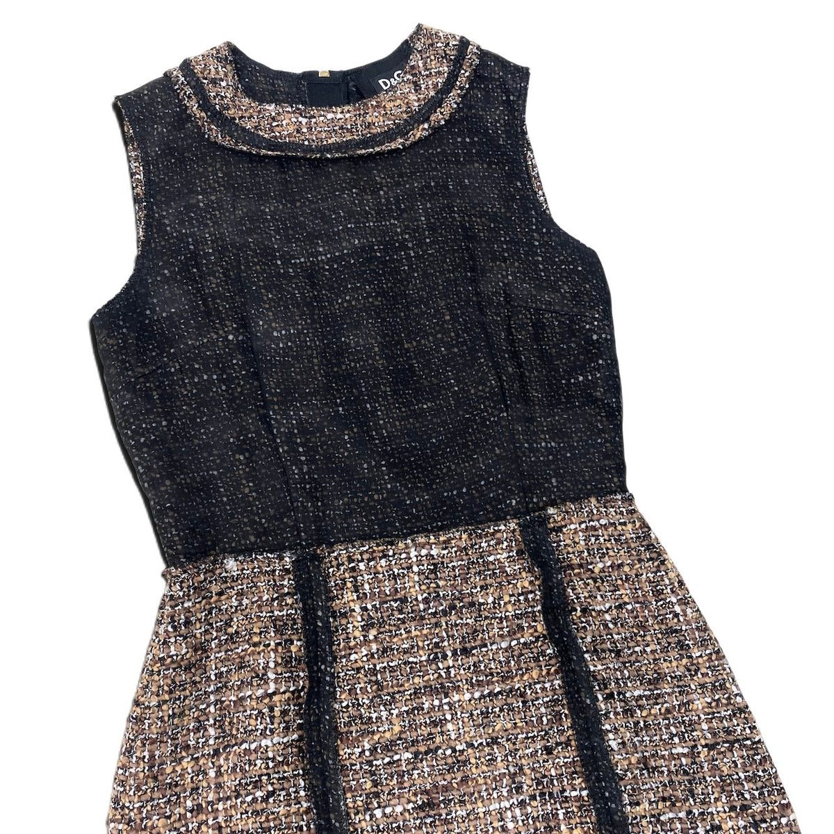 37i26 【美品】D＆G DOLCE&GABBANA ドルチェアンドガッパーナ ツイードノースリーブワンピース ドレス メッシュ 異素材切替  38サイズ ブラウン系 レディース 女性用u02t