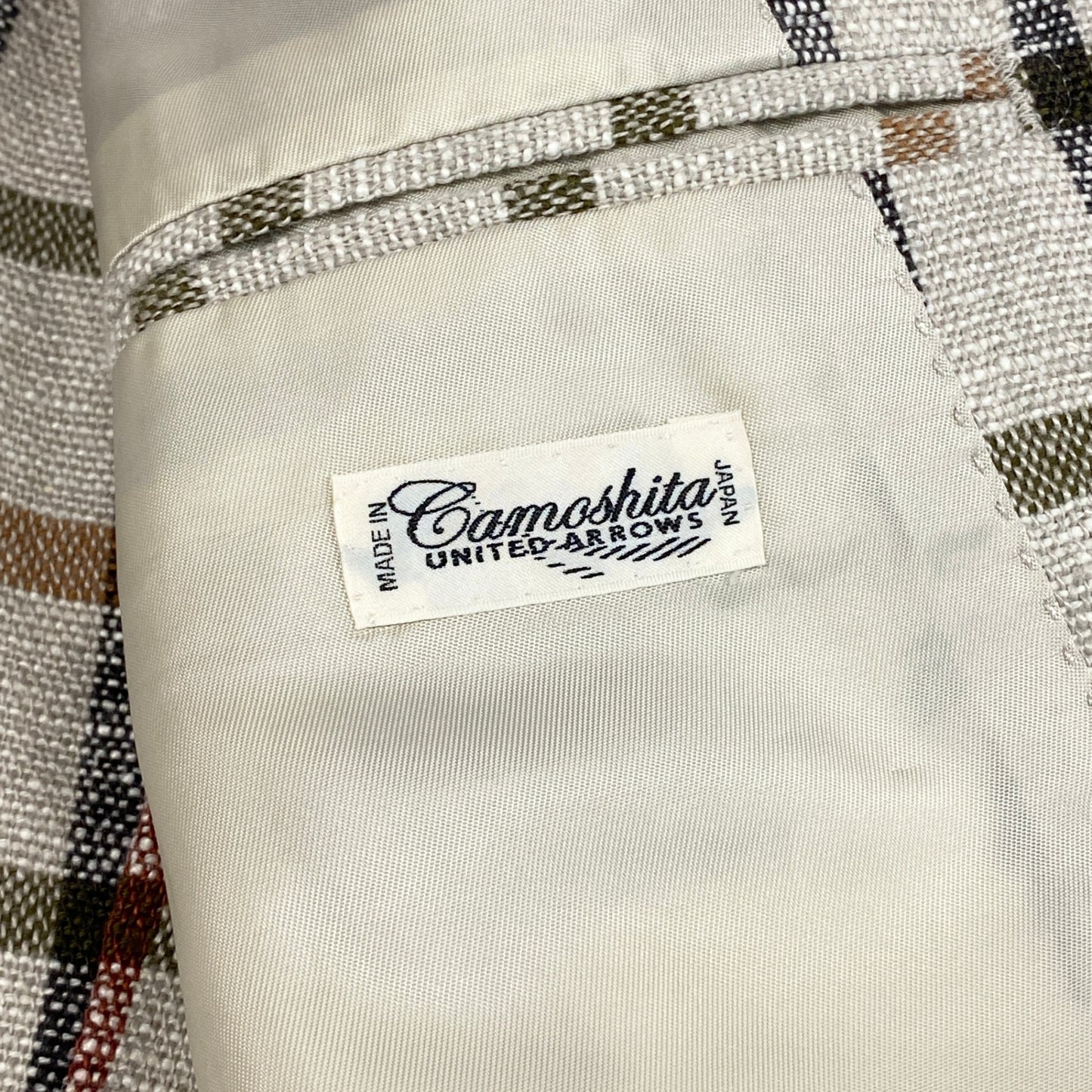 29d16 Camoshita UNITED ARROWS カモシタ ユナイテッドアローズ テーラードジャケット チェック柄 リネン混 44サイズ ブラウン系 メンズ 男性用u02t