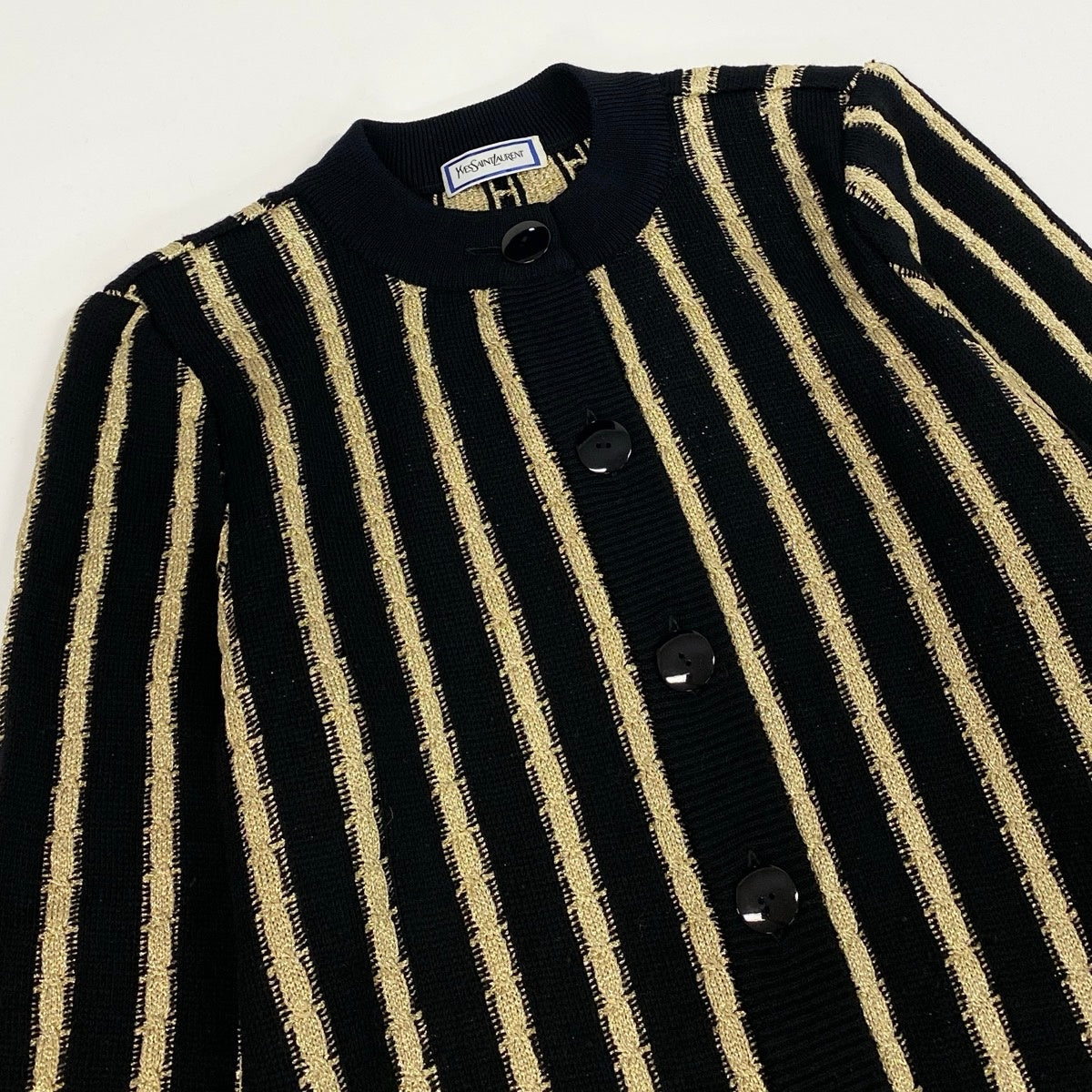 65e2 YVES SAINT LAURENT イヴサンローラン ロングスリーブ ニットカーディガン チュニック丈 サイズM ブラック ゴールド ウール100％ レディース 女性服o07t