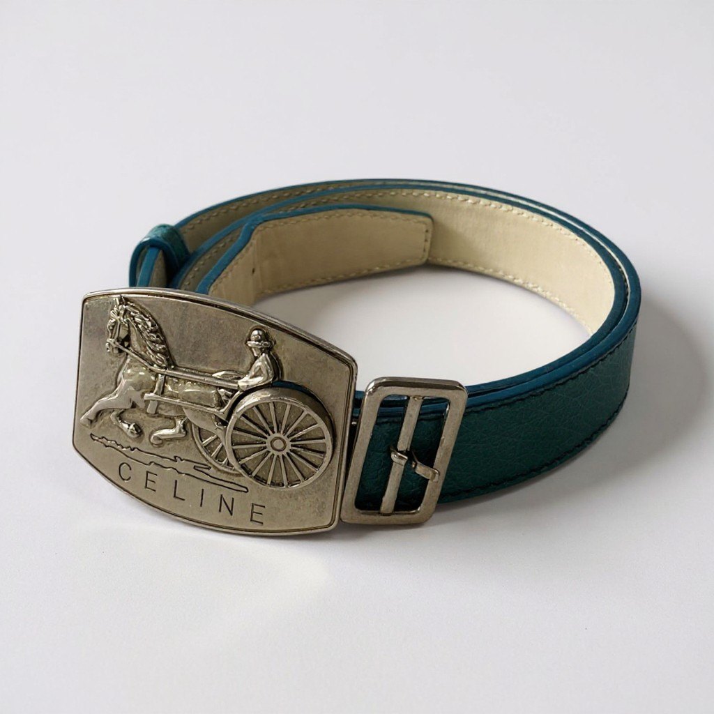 a6 CELINE セリーヌ ベルト 馬車 ロゴバックル イタリア製 M グリーン レザー 本革 レディースk02i