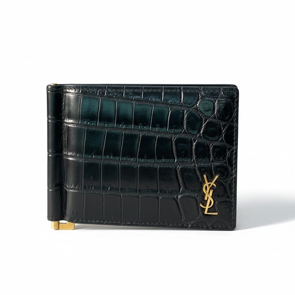 i14 SAINT LAURENT サンローラン YSL クロコ型押し マネークリップ カードケース YSL Logo Crocodile-Embossed Leather Money Clip Black 財布t18r