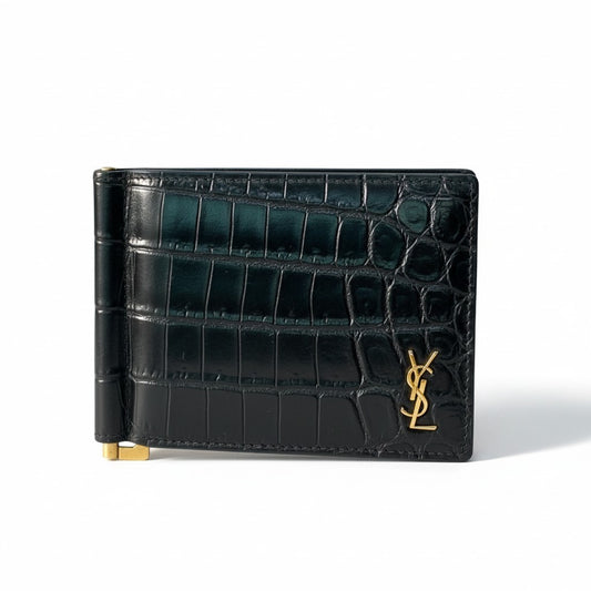 i14 SAINT LAURENT サンローラン YSL クロコ型押し マネークリップ カードケース YSL Logo Crocodile-Embossed Leather Money Clip Black 財布t18r