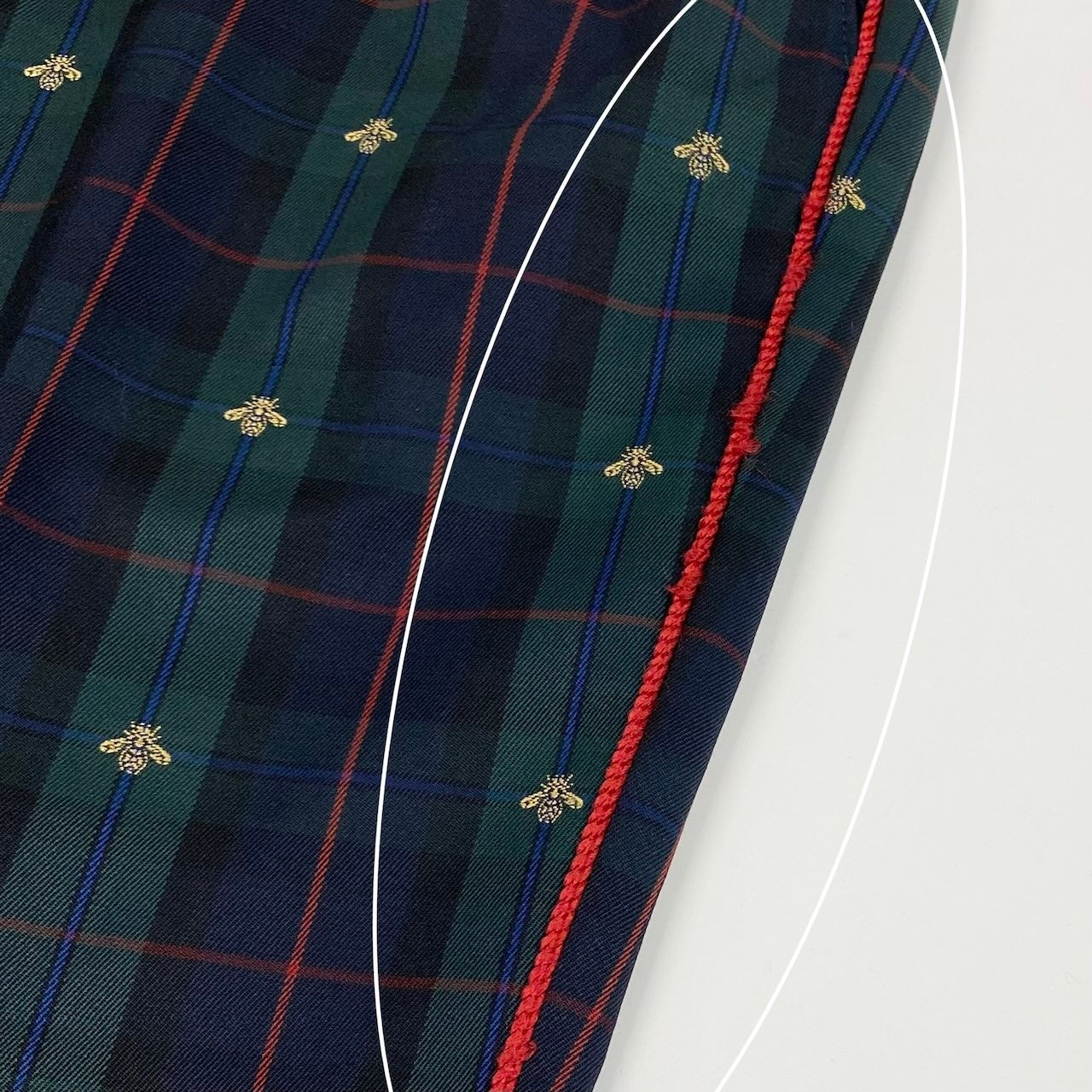 41e14 GUCCI グッチ サイドラインチェックパンツ BEE 蜂 刺繍 タータンチェック イタリア製 52サイズ グリーン系 ウール100％ メンズ 男性用u02t