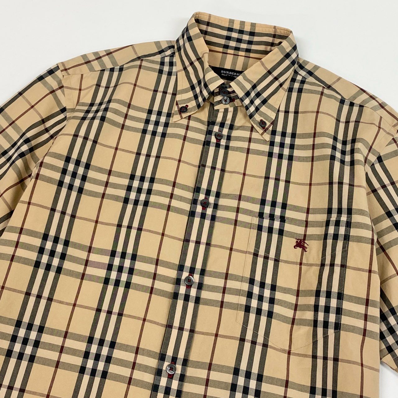 Ic2 BURBERRY BLACK LABEL バーバリーブラックレーベル 半袖シャツ トップス ノバチェック ホース刺繡 3 ベージュ系 コットン メンズu02t
