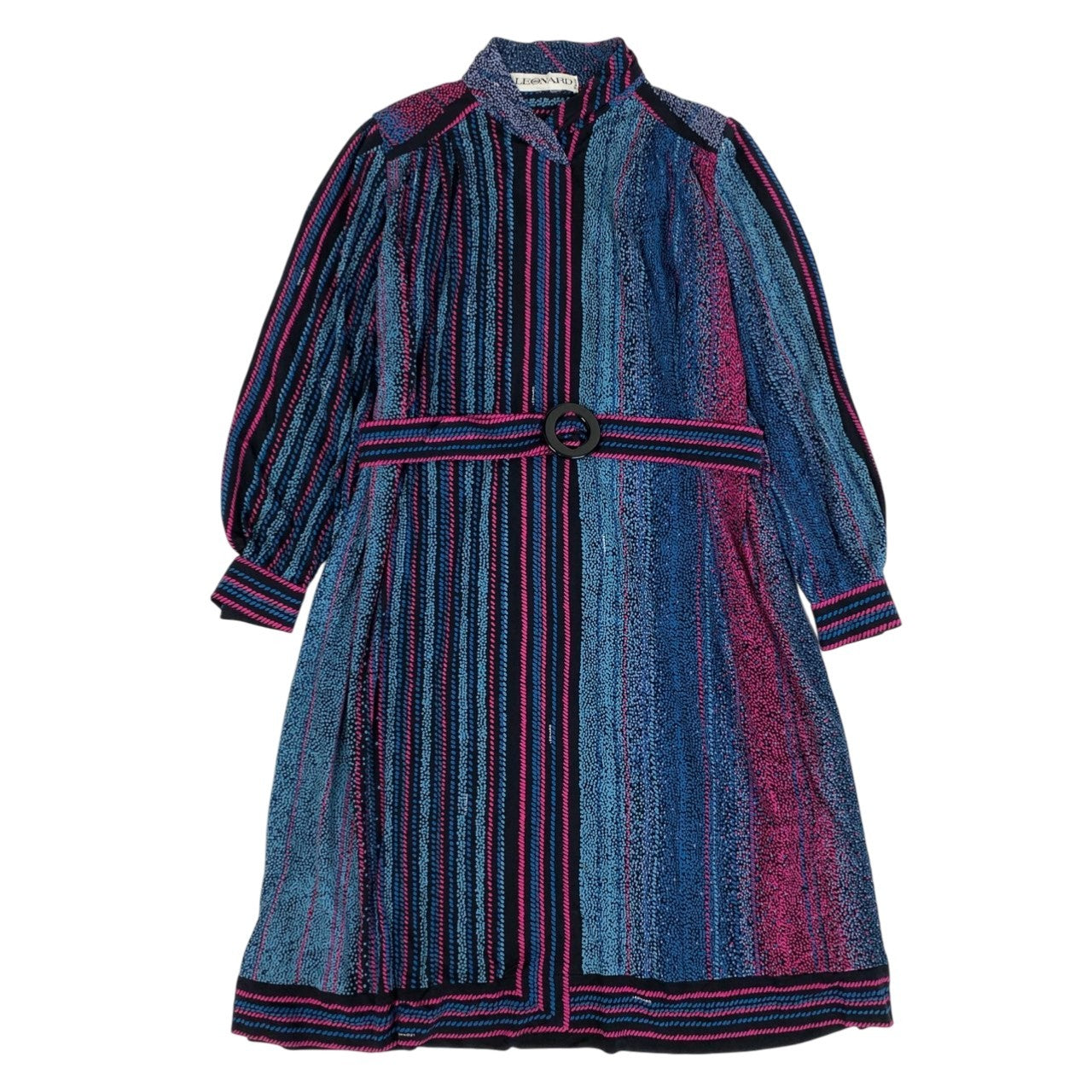 31b11【美品】LEONARD レオナール ロングスリーブワンピース ウエストベルト 総柄 1サイズ マルチカラー シルク100％ レディース 女性用u02t