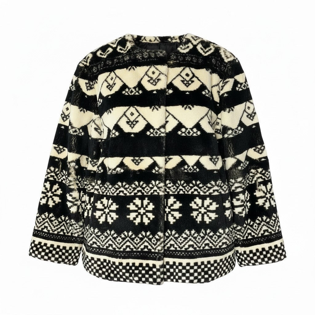 Ae27 KENZO ケンゾー ラパンファー ジャケット ノーカラーコート ノルディック柄  FREE ブラック アイボリー レディース 女性服u02t