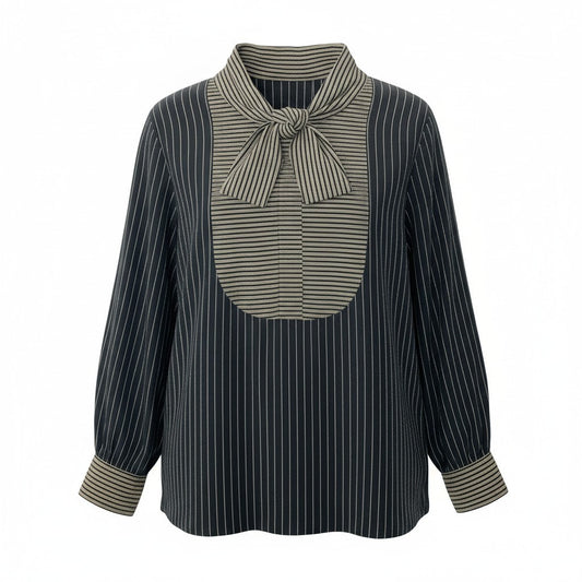 27e11 Christian Dior クリスチャンディオール ボウタイブラウス シルクシャツ ボーダー ストライプ トップス サイズM  ブラック ベージュ シルク100％ レディース 女性服o07t