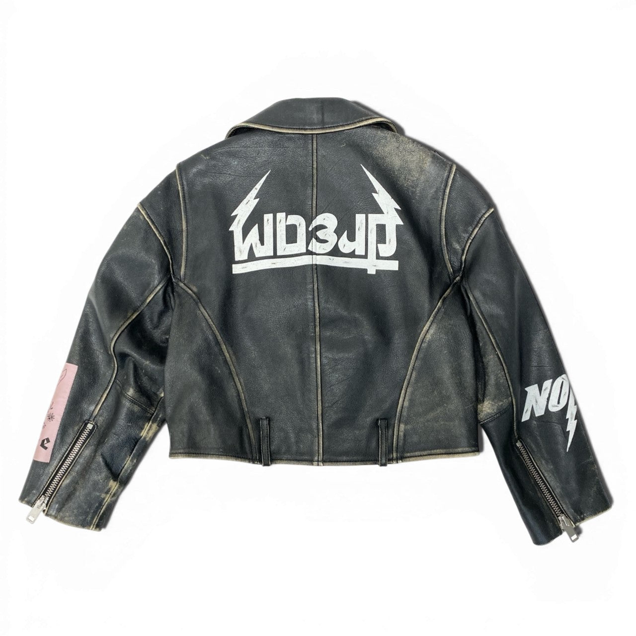 83c3 DIESEL ディーゼル ダブルライダースジャケット レザージャケット ダメージ加工 ペイント ワッペンデザイン XXSサイズ ブラック 羊革 レディース 女性用o07t