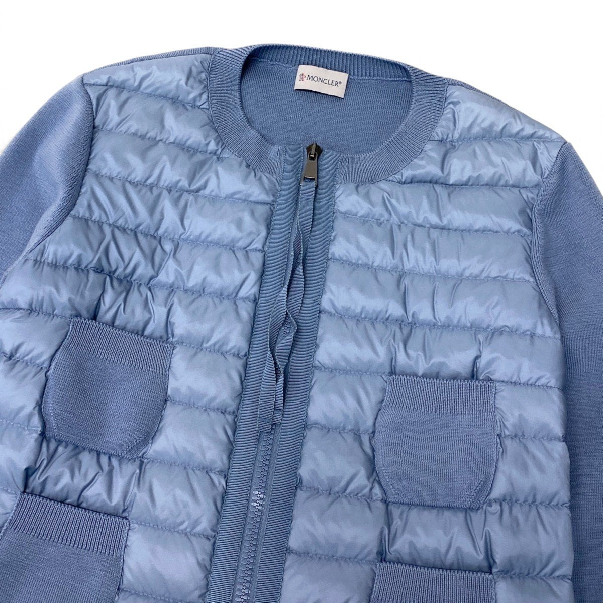 Ei13 MONCLER モンクレール  CARDIGAN TRICOT カーディガン トリコット ダウン ロゴワッペン XS ライトブルー レディース 女性用k02i