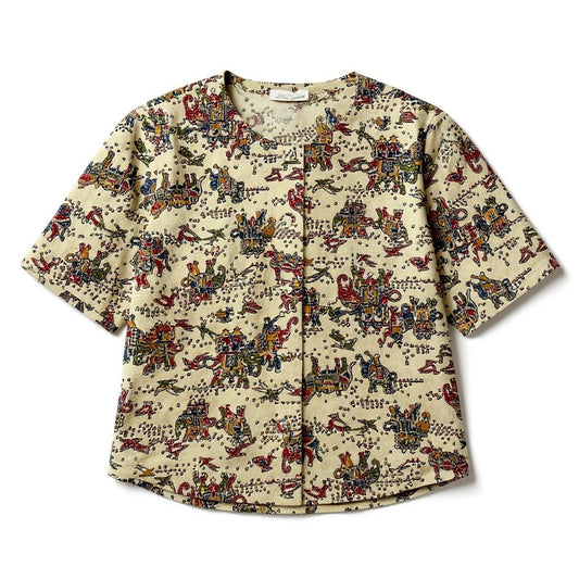 40d16 【美品】 Hitoshi Tamura ヒトシタムラ 半袖 シャツジャケット ノーカラーシャツ ちりめん 総柄プリント クルミボタン アイボリー ポリエステル100％ レディース 女性用u02t